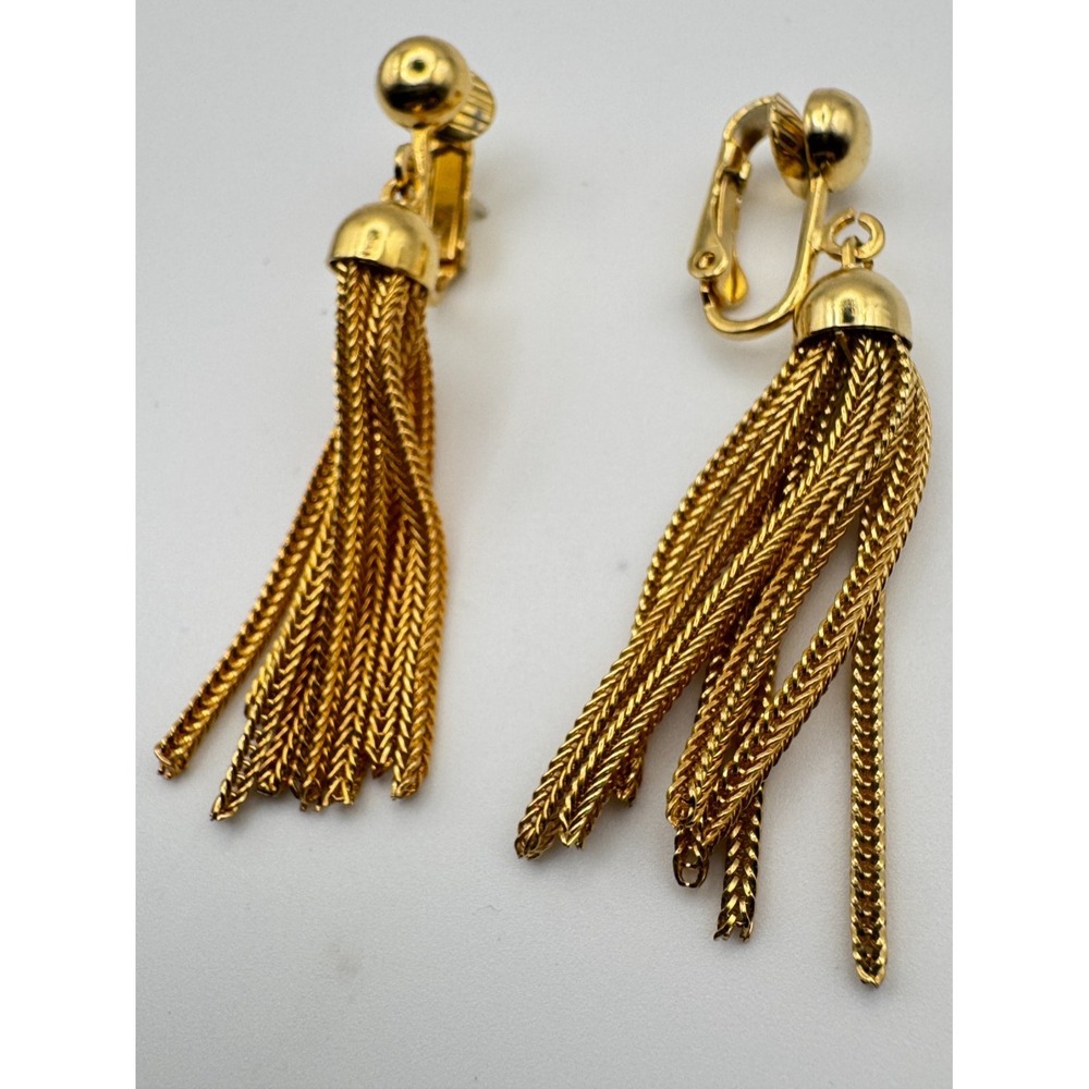 Vintage Tassel Earrings Gold Tone Clip On Fringe Dangle Multi Strand Chain